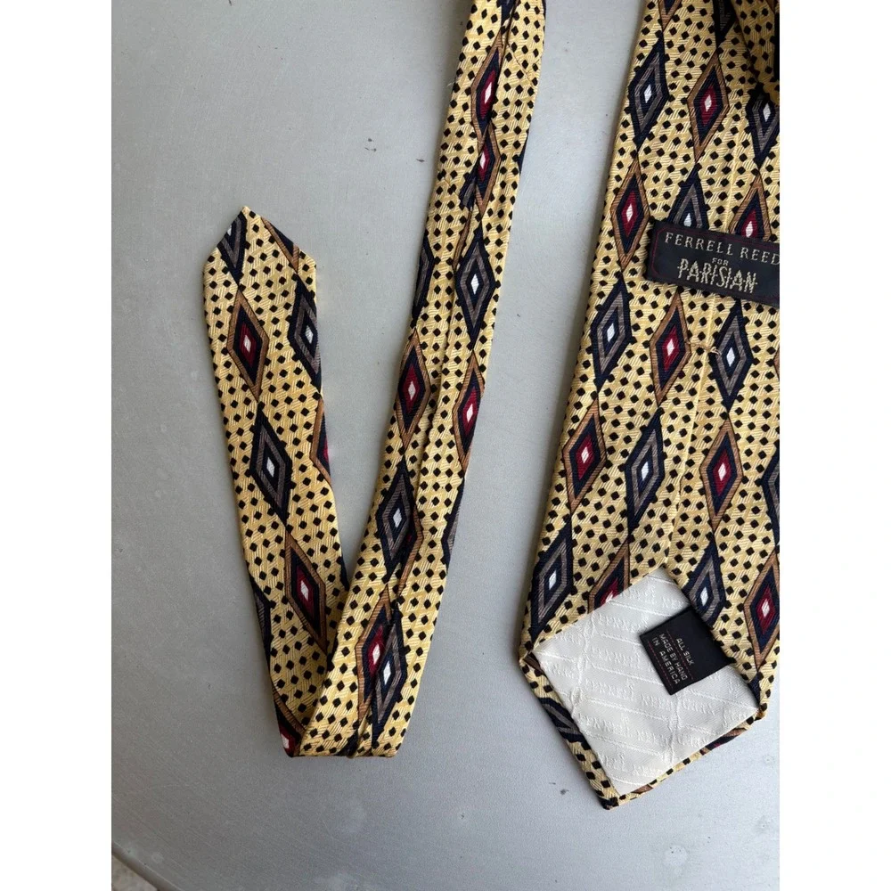 Ferrell Reed Parisian Mens Silk Tie Gold Geometric Diamond Handmade USA